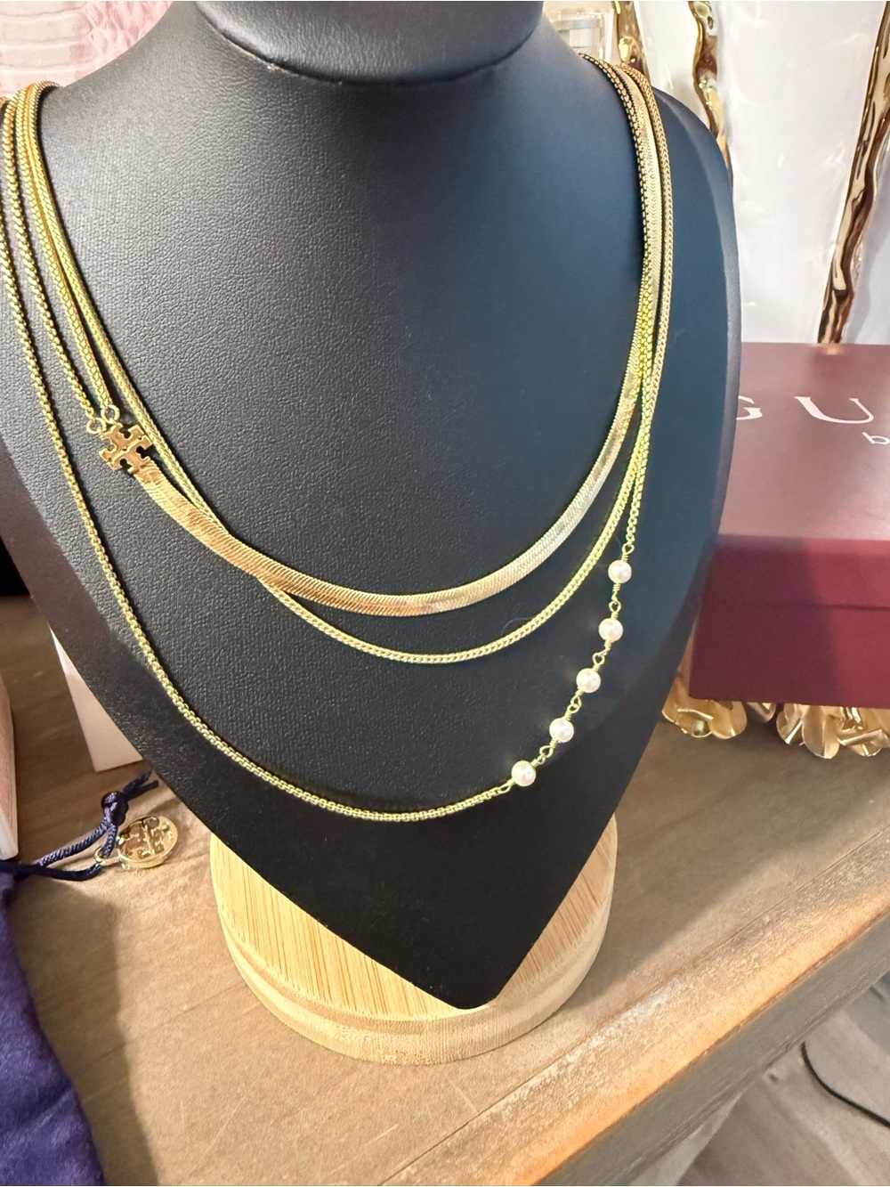 Tory Burch Gold-Tone 3 Layered Necklace with Pearl Accents